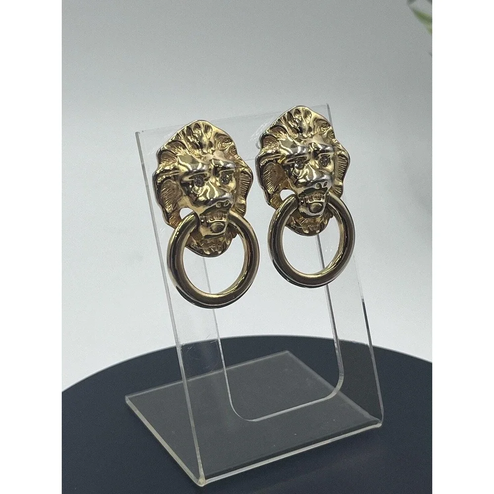Kenneth Jay Lane KJL Vintage Lion-head Door knocker Rhinestone Eyes Earrings - Picture 2 of 14